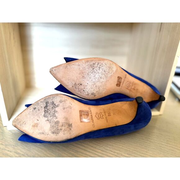 Claudia Ciuti 100% Suede Leather Cobalt Blue Silver Studed Bow Kitten Heels SZ 7 - Picture 7 of 9